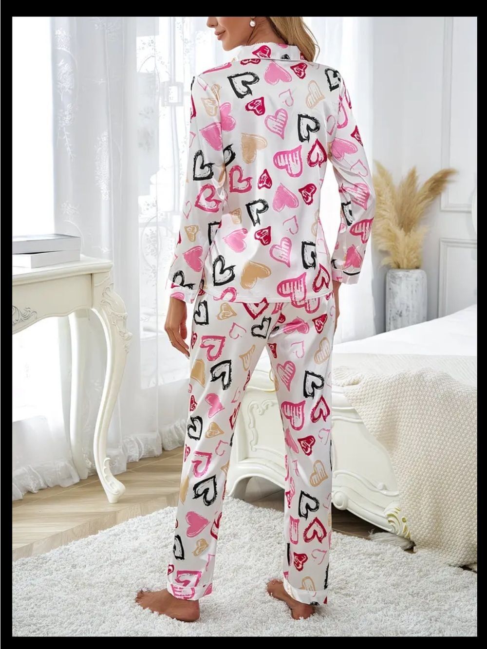 MISSLOOK Heart-Print Satin Pajama Set in Pink, Black & Cream - Picture 2 of 8